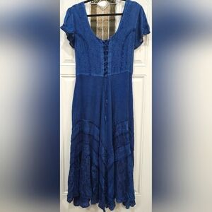 Flower blue peasant dress corset style front all over embroidery women's…